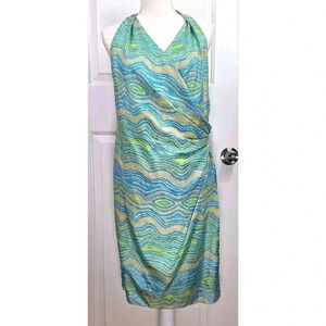 LAFAYETTE 148 Sleeveless Wrap Dress Wavy Stripe Multi Green‎ Beach Colors Size 8